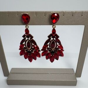 Long Red Crystal Rhinestone Chandelier Dangle Drop Earrings